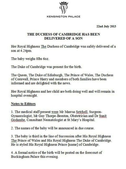 Official Birth Notice Kensington Palace