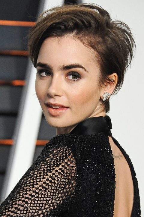 celebrity beauty pixie hair lily collins