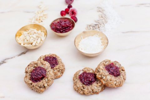 Oatmeal Thumbprint Cookies with Cranberry Raspberry Chia Seed Jam