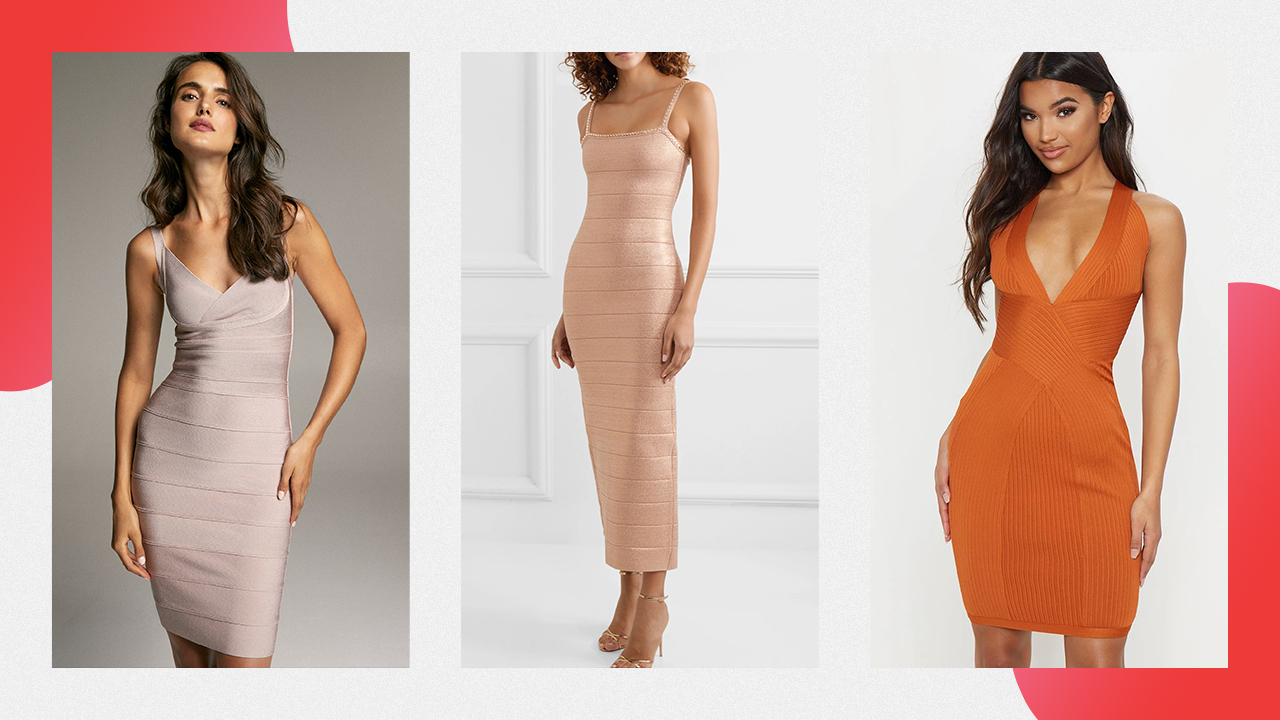 Three examples of bandage dresses, body-contouring and tight-fitting dresses 