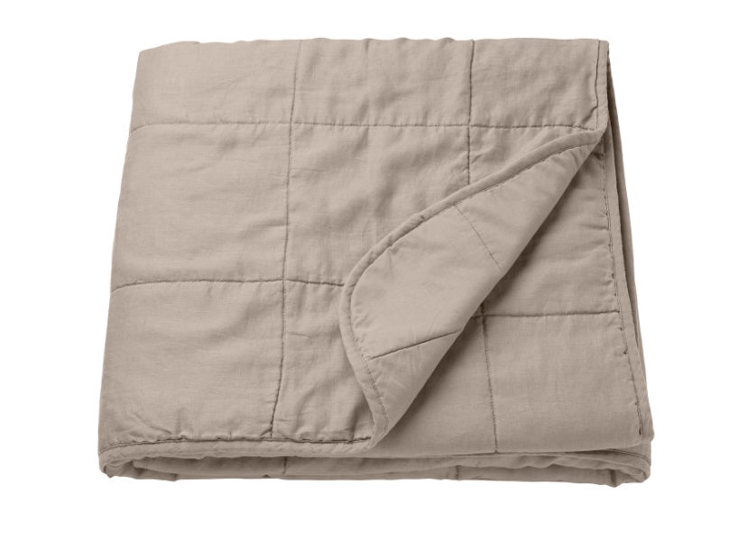Images of a folded beige linen blanket with quilted stitching