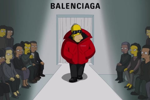 Homer Simpson walking Balenciaga Runway in a red jacket
