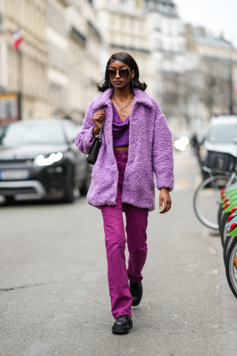monochromatic purple outfit jacket pants top sunglasses