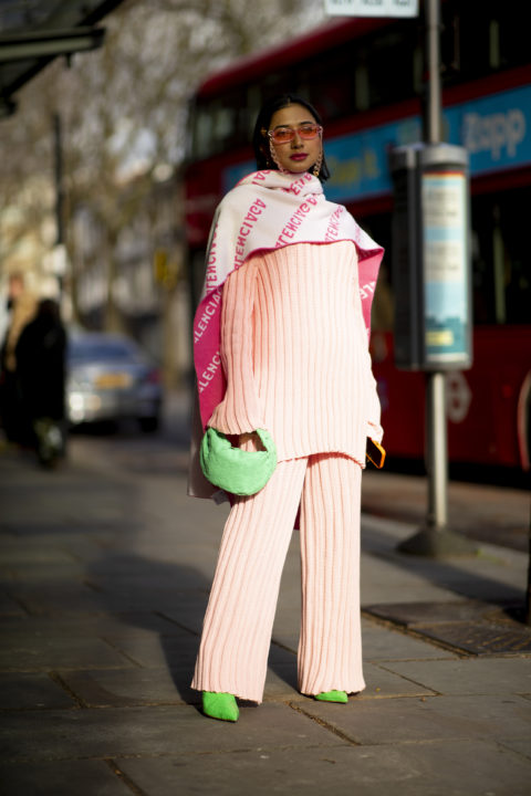 pink scarf and sweater with green bag