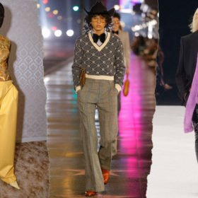 three spring/summer 2022 runway shots, including an all yellow outfit a man in pinstripe pants and a pattenered sweater and a model in an oversized blazer with purple accents