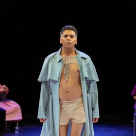 Evan Ducharme 'Dominion' collection (blue cape) modeled by Scott Wabano at the indigenous fashion arts festival 2022