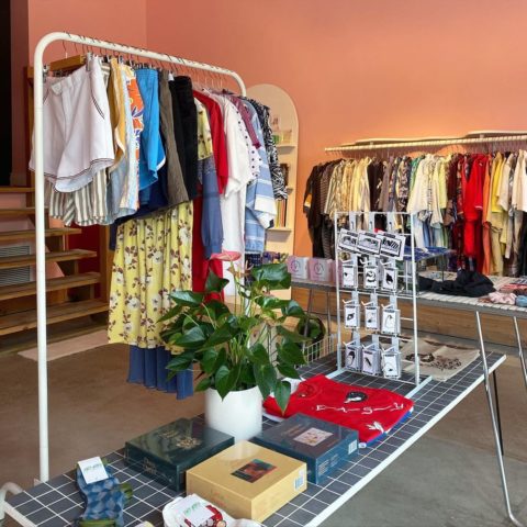 The clothing racks inside Chip's Vintage, Canada's queer-owned boutique