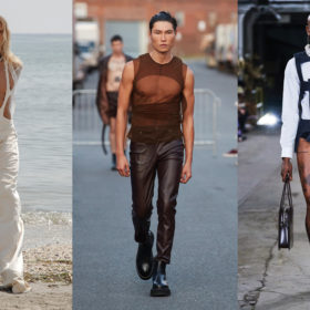 a collage of male models walking the runway in cut-out clothing