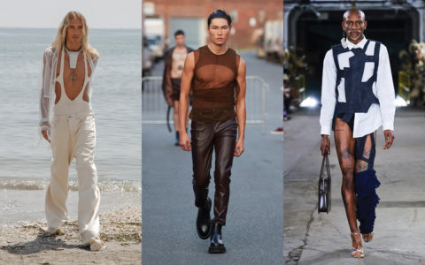 a collage of male models walking the runway in cut-out clothing