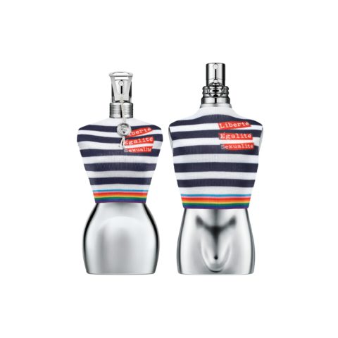 Jean Paul Gaultier Chrome Fragrance bottles with pride striped shirts