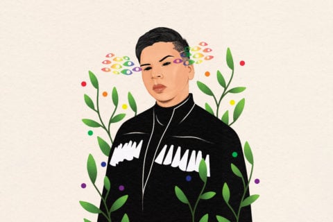an illutration of scott wabano that represents their two-spirit identity. they wear a black sweater and are surrounded by leaves and rainbow coloured shapes