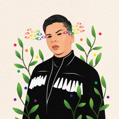 an illutration of scott wabano that represents their two-spirit identity. they wear a black sweater and are surrounded by leaves and rainbow coloured shapes