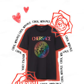 Chersace black t-shirt with rainbow Versace logo and doodles of hearts and roses