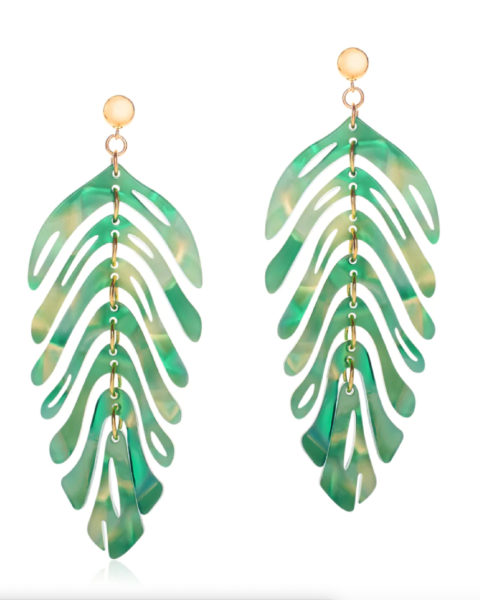 A pair of green leaf dangly earrings.