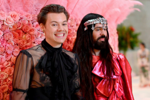 Harry styles and gucci creative director alessandro michele at the 2019 met gala. harry wears all black and michele is in pink