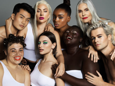 Lady Gaga with a group of models for Haus Labs
