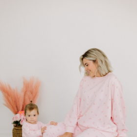 mom daughter matching loungewear from brunette the label and the birds papaya