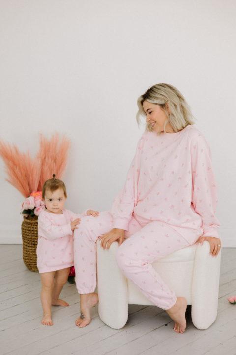 mom daughter matching loungewear from brunette the label and the birds papaya