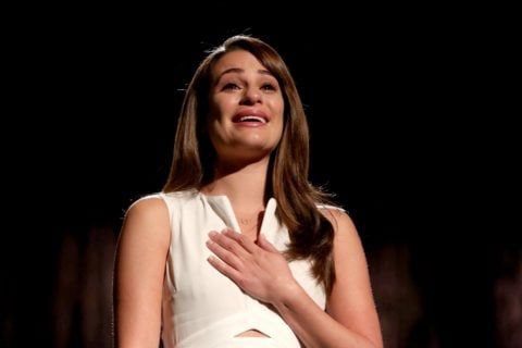 lea michele on stage performing as rachel berry on Glee