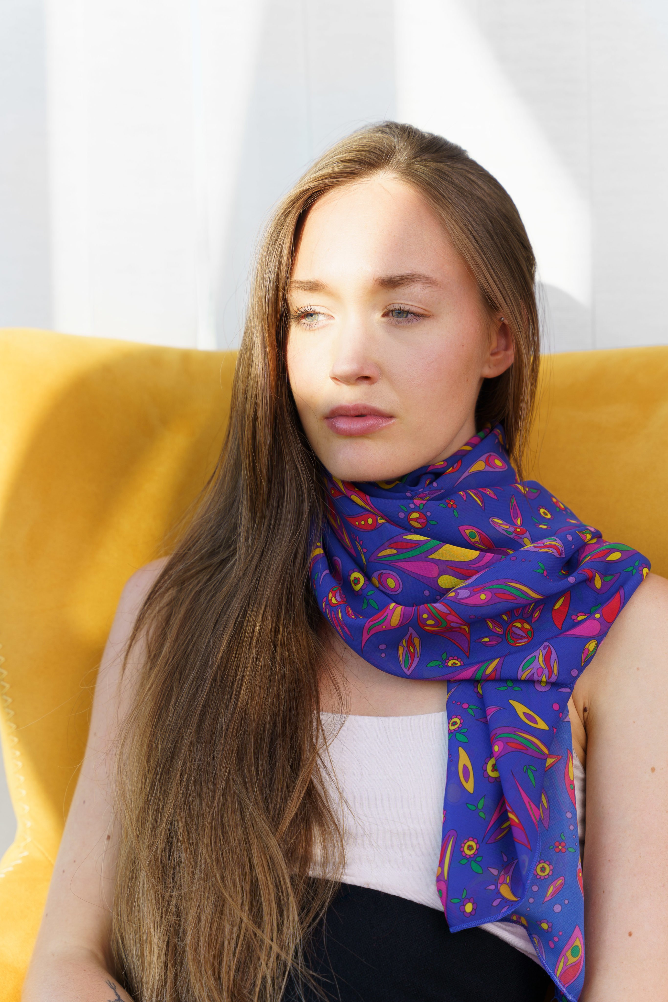 Model wearing Banu Magnifique chiffon scarf