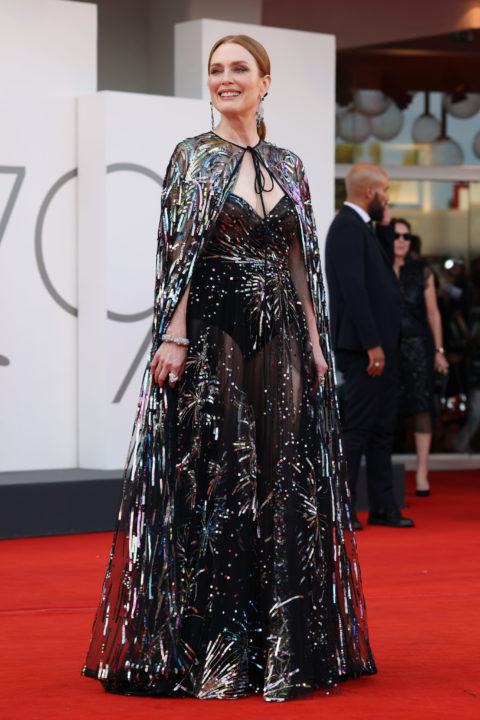 Julianne Moore in a sheer black Valentino dress at the 2022 Venice Film Festival
