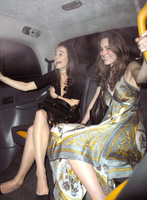 kate middleton in a car in London out clubbing in the 2000s in a silk pattern dress