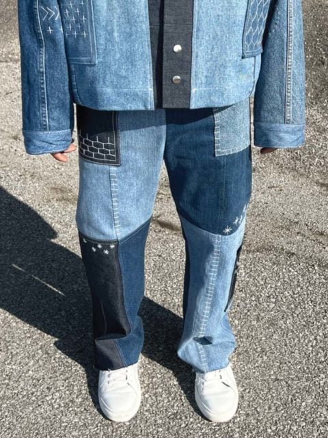 a jean tuxedo made with thrifted denim