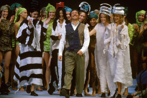 Issy Miyake and models at the Ready To Wear Fall 1993 Show in Paris