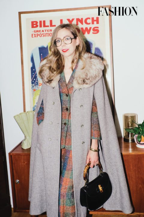 Dana Richardson-Blewett in a vintage cape with fur trim