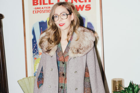 Vintage clothing retailer Dana Richardson-Blewett in a vintage cape with fur collar