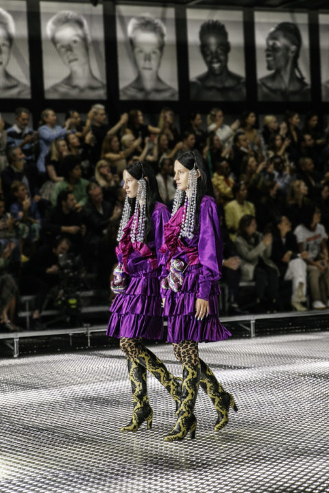 Twins in purple dresses at Gucci Spring 2023 Twinsburg