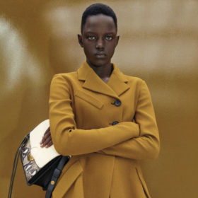model wears mustard jacket and holds a bag from proenza schouler pre-spring 2023