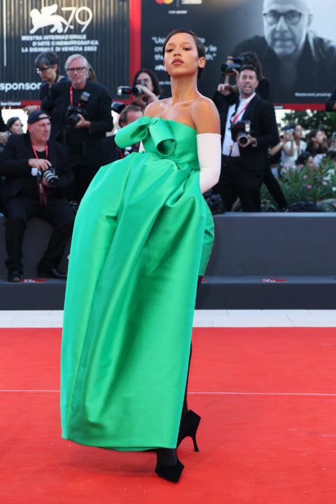 Taylor Russell in green Balenciaga dress at 2022 Venice Film Festival