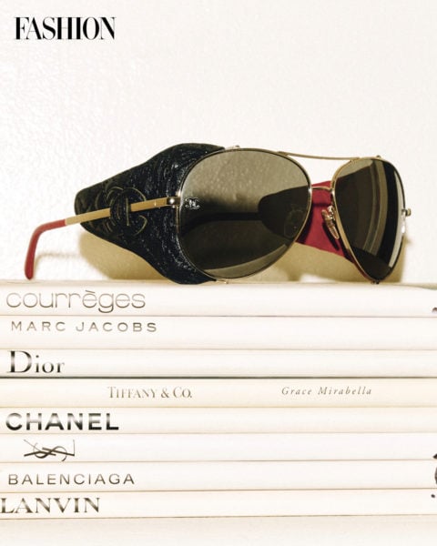 eyewear collection: a pair of Chanel sunglasses with leather detailing on the arms