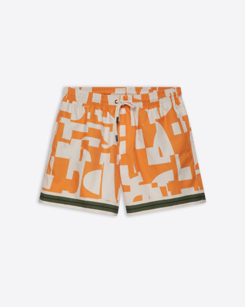 statement swimwear: off white swim trunks with a light orange geometric pattern