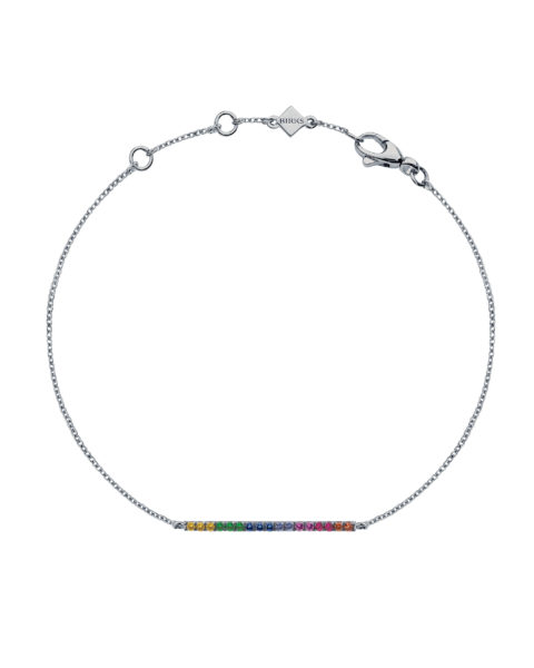 rainbow watches: a silver-hued bracelet with a narrow bar encrusted with rainbow gems across the front