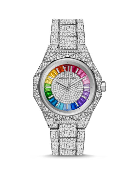rainbow watches: an oversized michael kors watch with crystals inlaid all over except the border of the face, which has rainbow gemstones lining it