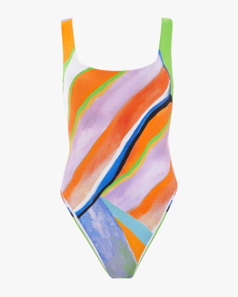 statement swimwear: a one piece with multicolour pastel stripes that look like running watercolours