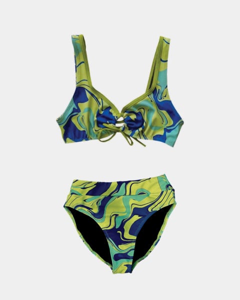 statement swimwear: a bikini with dark blue, aqua, teal and lime green tie dye patterns