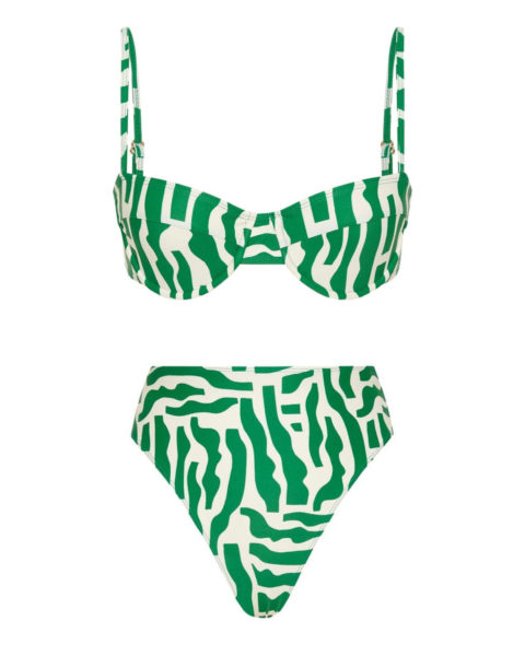 statement swimwear: a bikini with organically-shaped green stripes on a white background