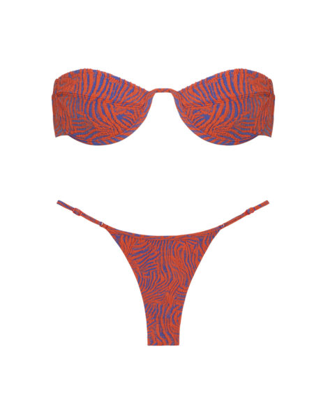 statement swimwear: a strapless orange bikini with a swirly blue pattern that resembles finger prints