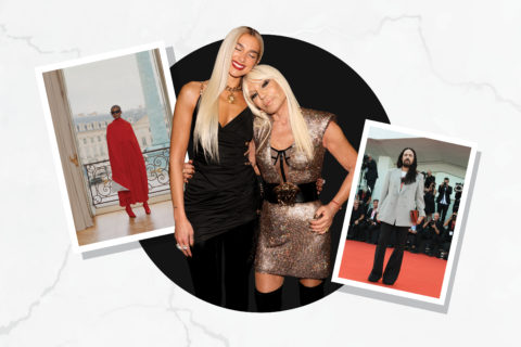 Collage of Balenciaga new collection, Dua Lipa and Donatella Versace, and Alessandro Michele