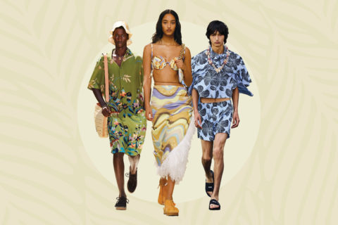 statement swimwear: three runway models wearing beach gear on a light yellow background