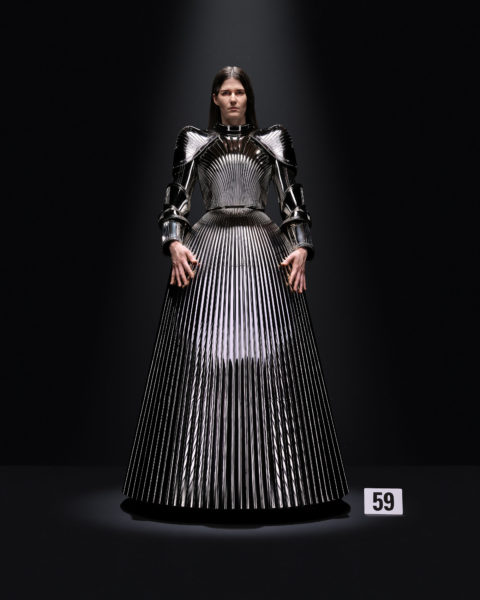 A model in a metal-looking dress at the Balenciaga Fall 2023 couture show