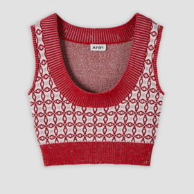 A red patterned sleeveless sweater from Ahiri