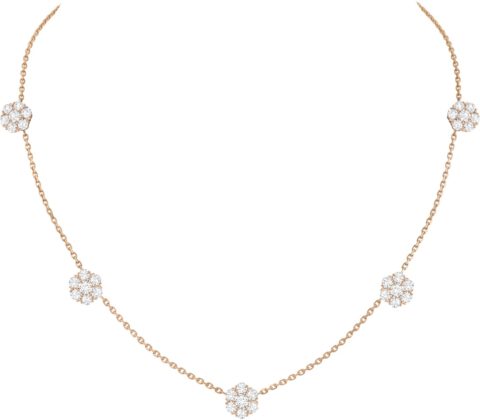 Fleurette necklace, 5 flowers, 18K rose gold, round diamonds, diamond quality DEF, IF to VVS