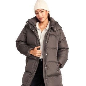 old navy long hooded puffer coat, best plus size winter coats