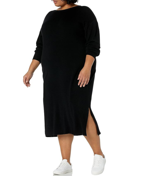 Woman wearing the drop sweater dress for Amazon deal days