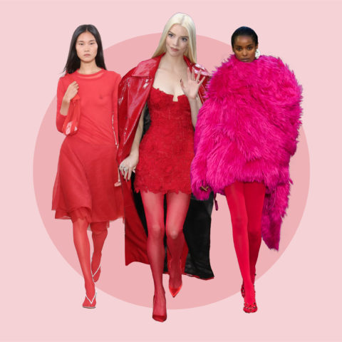 A graphic of three women wearing red tights outfit
