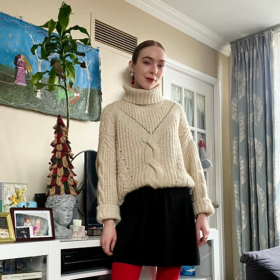 red-tights cable knit sweater